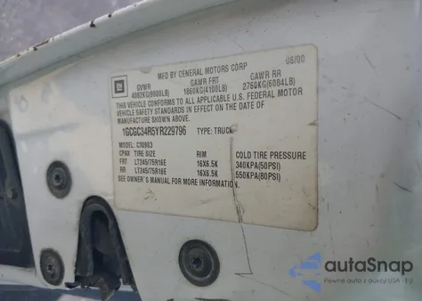 2000 Chevrolet C3500 z USA, uszkodzony, nr VIN 1GCGC34R5YR229796